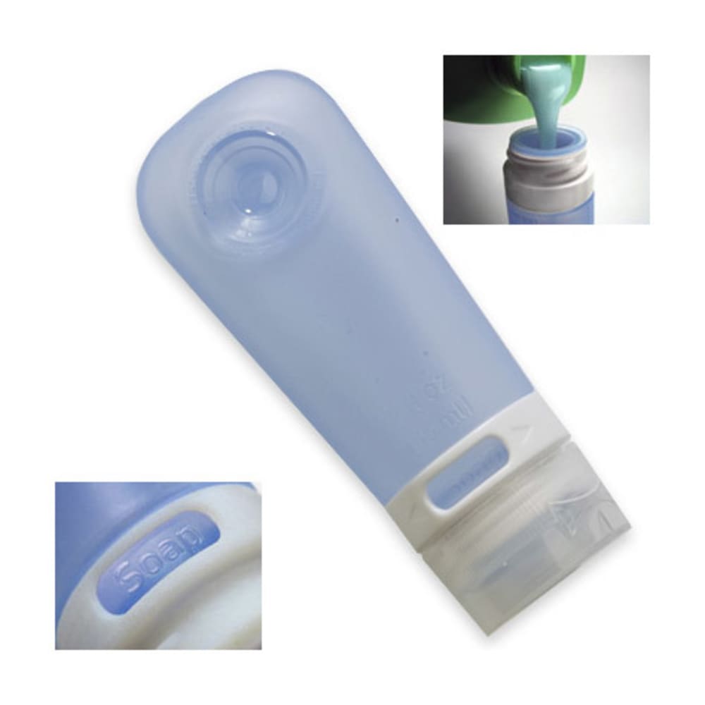 Smart and squeezable, the 2 oz. GoTubb dispenses liquids with ease and features a convenient suction cup for hands-free access. Ideal for traveling, camping, and everyday use. . Made from soft yet rugged silicone so it's easy to squeeze and dispense the contents. A special, "no-drip" valve helps the cap stay clean. A window in the collar identifies popular contents. Rotate the window to "Soap", "Lotion" and more - tighten the cap to lock in the setting. A large opening makes it easy to fill and clean. 2 oz. size features a handy suction cup for temporary hands-free access. GoToob is approved for airplane carry-on, it's food-safe (FDA), and is 100% BPA-free. Recommended for shampoos, conditioners, lotions, suntan oil, liquid soaps, condiments (ketchup, cooking oil, etc.), hand-sanitizer, body wash and many other low and medium viscosity fluids. Measures: 4.5 x 1.5 in.